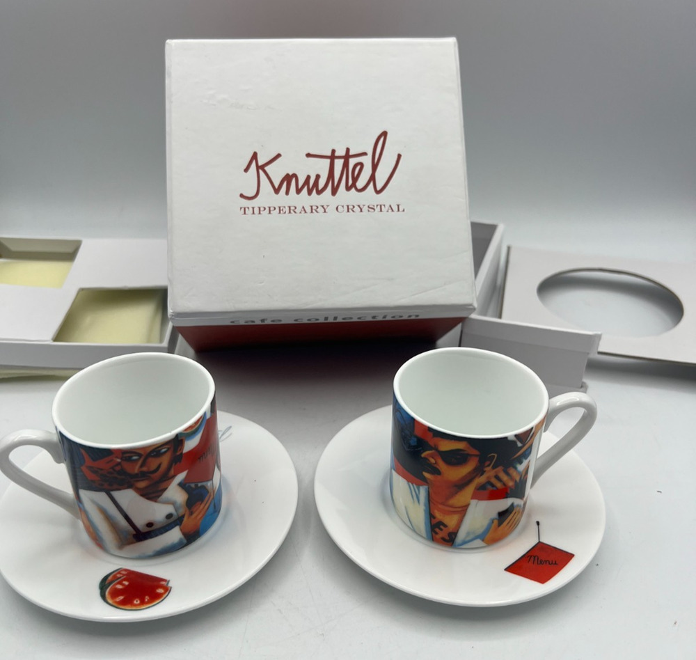 Knuttel Tipperary Crystal Espresso Cups Saucers Set 2 Cafe Collection Boxed Art